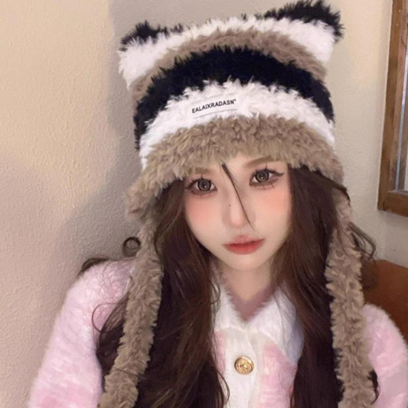 Cute cat ear warm hat autumn and winter new plush hat autumn and winter women's ear protection hat thickened to show the face small cold hat