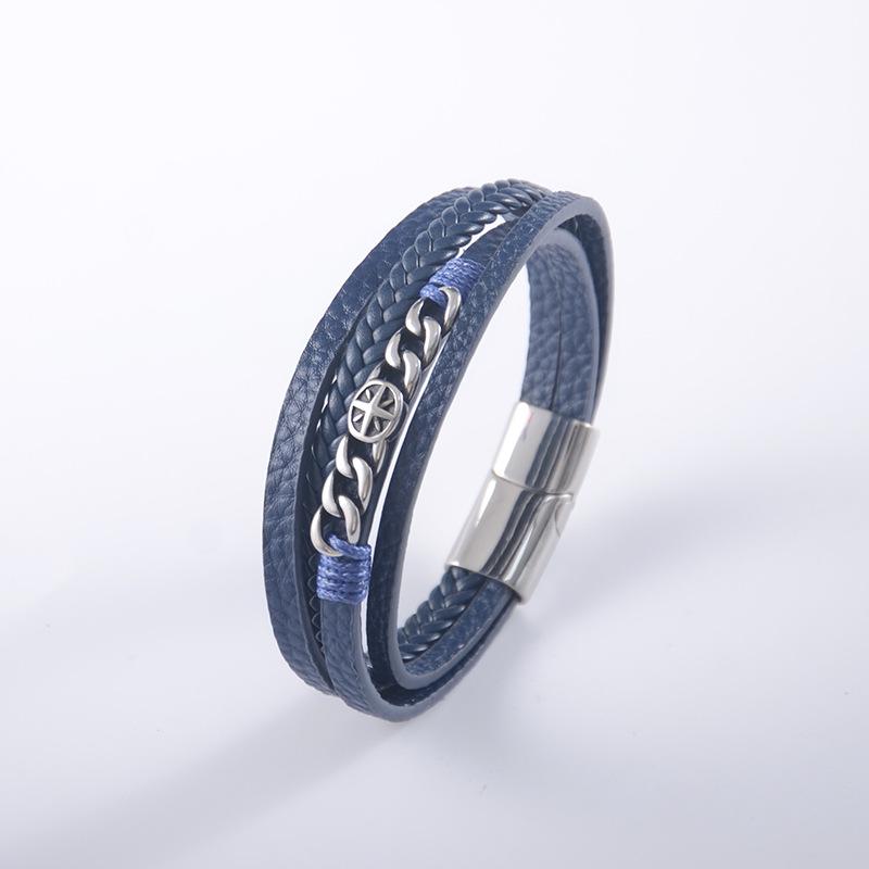 Stainless Steel Chain Leather Bracelet for Men - Personalized Woven Leather Wristband Handpiece