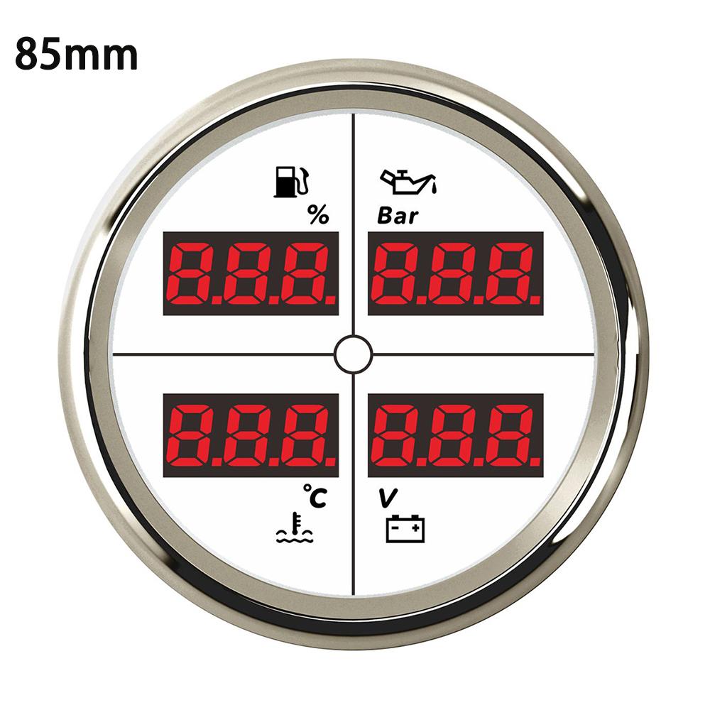 ELING Car 12V 24V 52mm 85mm 4 in 1 Multifunction Gauge with Fuel Level Oil Pressure Water Temp. Voltmeter and 8 Colors Backlight