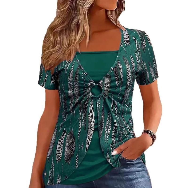 Women's New Fake Two-piece Circle Ethnic Style Printing Casual Short-sleeved