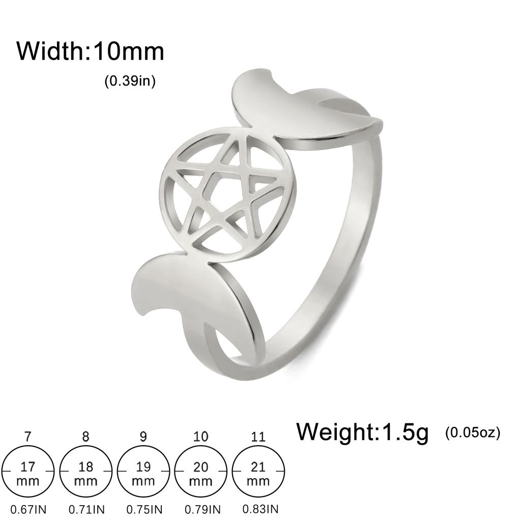 Triple Moon Goddess Pentagram Rings for Women Stainless Steel Pentacle with Two Moons Ring Wicca Amulet Jewelry Gift