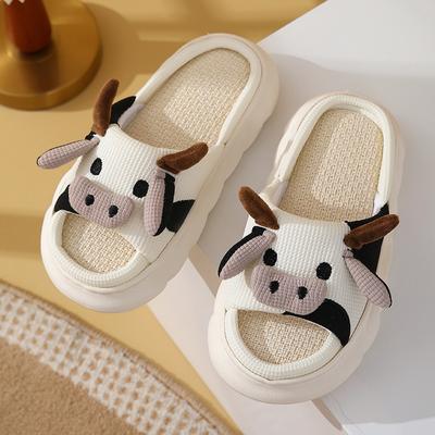 Milk Cow Linen Slippers Four Seasons Indoor Home Household Non Slip EVA Thick Sole Cute Couples Breathable Home Shoes