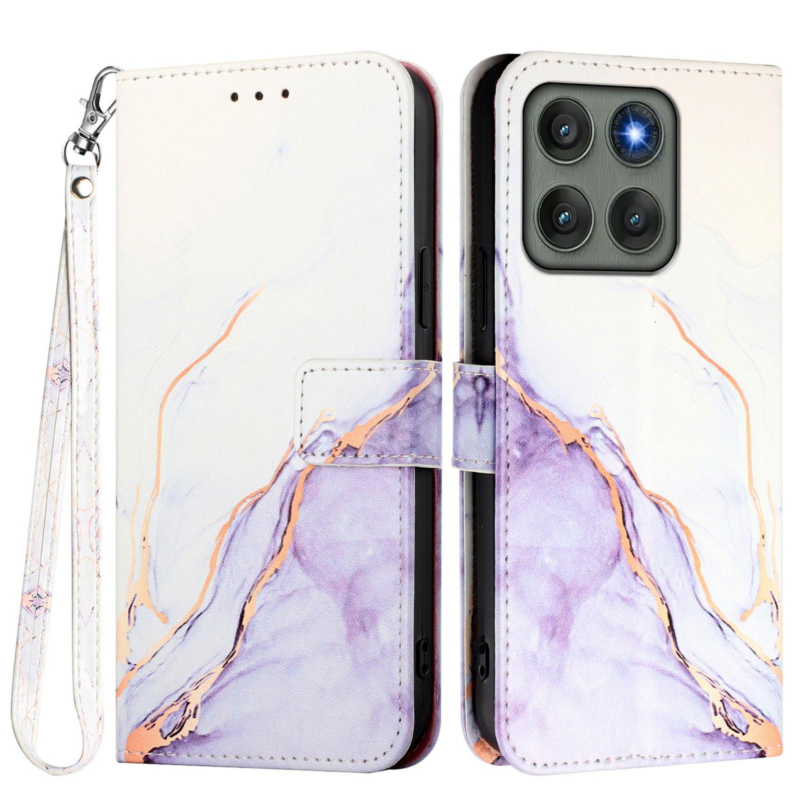 

For Motorola Edge 60 Pro 5G Case with Strap Marble Pattern Leather Phone Cover Card Holder E