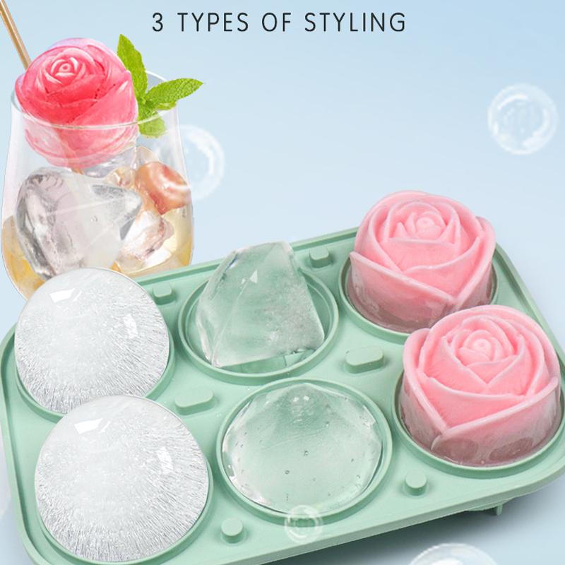 

3D Rose Diamond Круглые формы для льда 4/6 Сетка Форма для льда Силиконовый ледогенератор в форме цветка Кухонный бар Посуда Инструмент Аксессуары