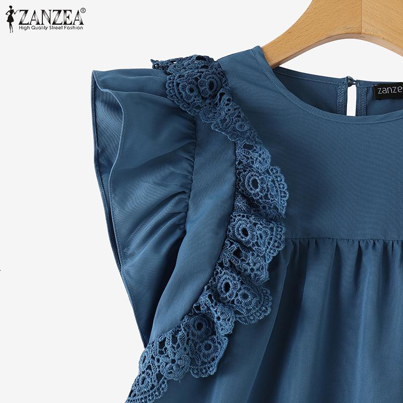 ZANZEA Women Summer Round Neck Layered Ruffle Short Sleeve Lace Blouses