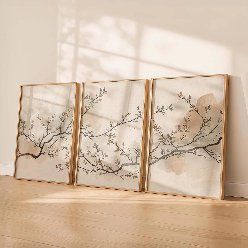 Set di 3 Stampe Botaniche Neutre da Parete, Trittico Japandi da Parete, Decorazione Minimalista Giapponese Scandinava, Stampe da Parete Beige Taupe Oliva