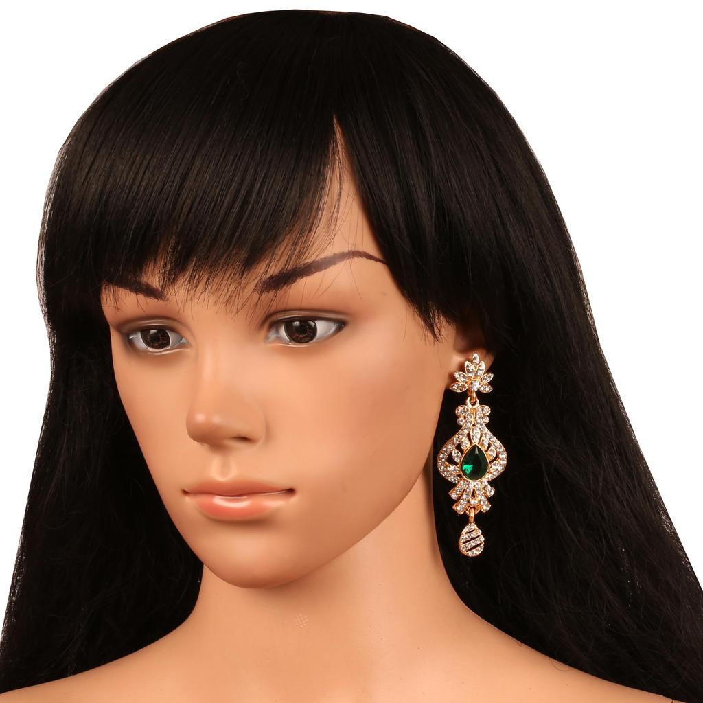 Touchstone India Bollywood Aspirations Traditional Indian Peacock Motif Faceted Faux Emerald Gold Tone White Rhinestones Spectacular Designer Bridal