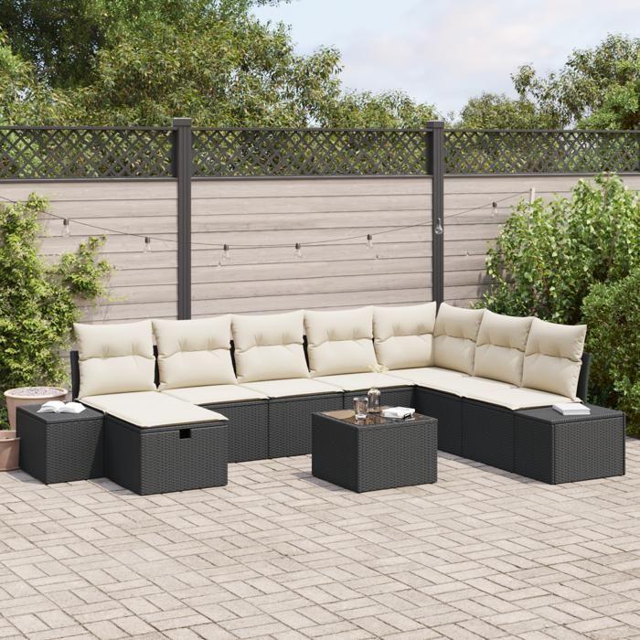 VidaXL Set de canapé de jardin 9 pièces avec coussins noir poly rotin 3359436