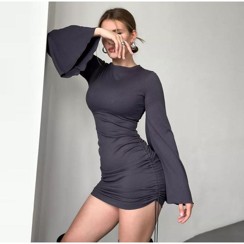 2025 Fashion Women Sexy Bodycon Bell Sleeve Dress Spring Summer New Elegant Slim Fit High Waist Printed Short Skirt
