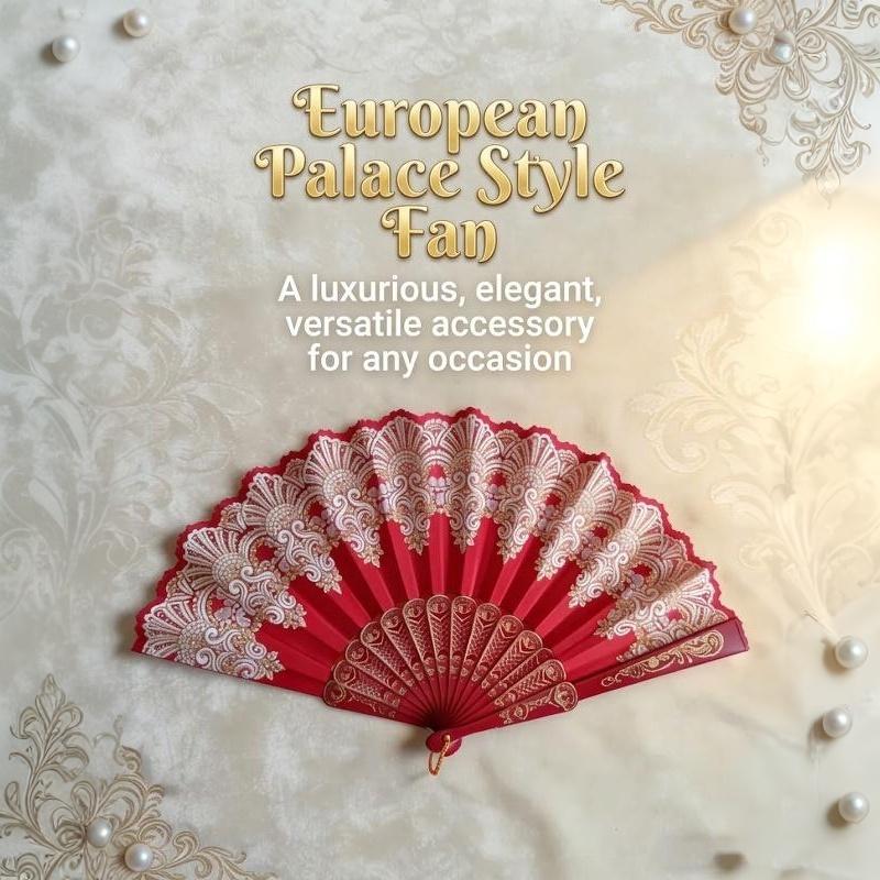 Red Lace Folding Hand Fan Gold Embossed Pattern Elegant Handheld Fan Lightweight Decor Fan For Wedding Party Cosplay Po Props