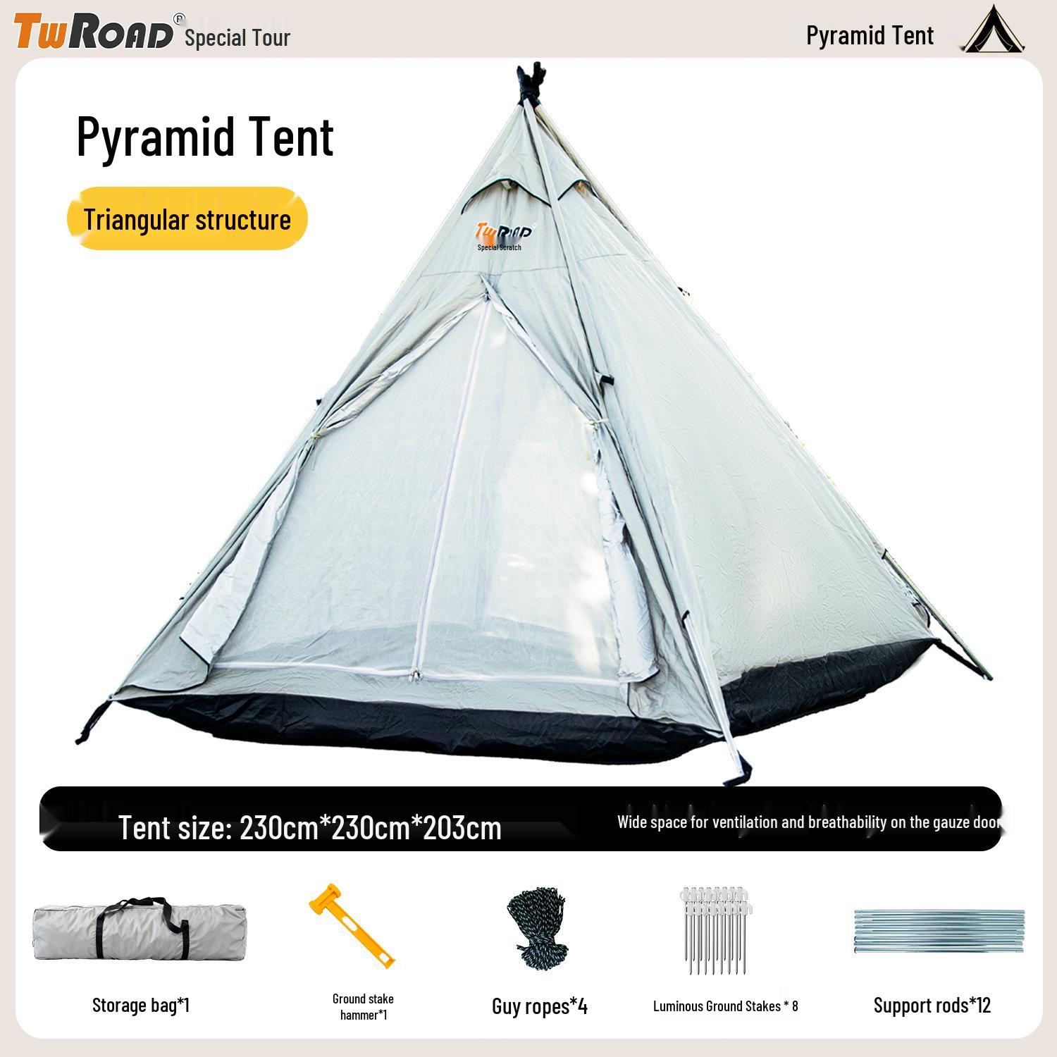 Waterproof Pyramid Camping Tent with Sun Protection, Spacious Design, and Portable Lighting 2-3 People