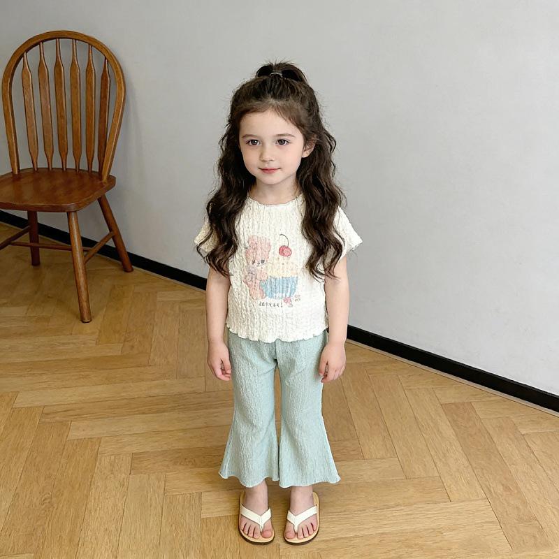 2025 Summer Girls' Bunny & Cat Print Bell Bottom Two-Piece Set