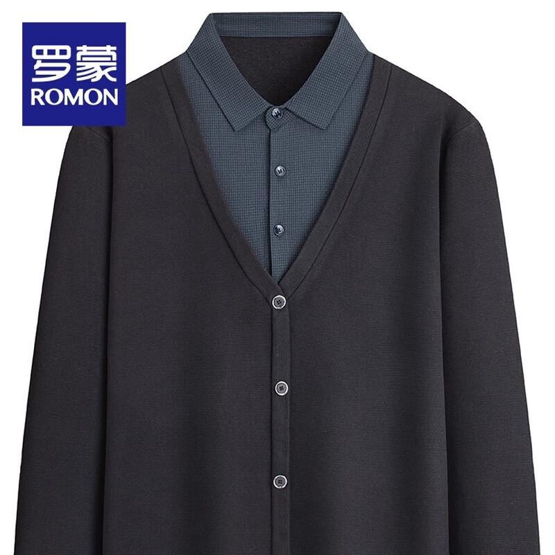 

ROMON Men s Faux Two-Piece Lapel Thermal Knit Shirt 4XL