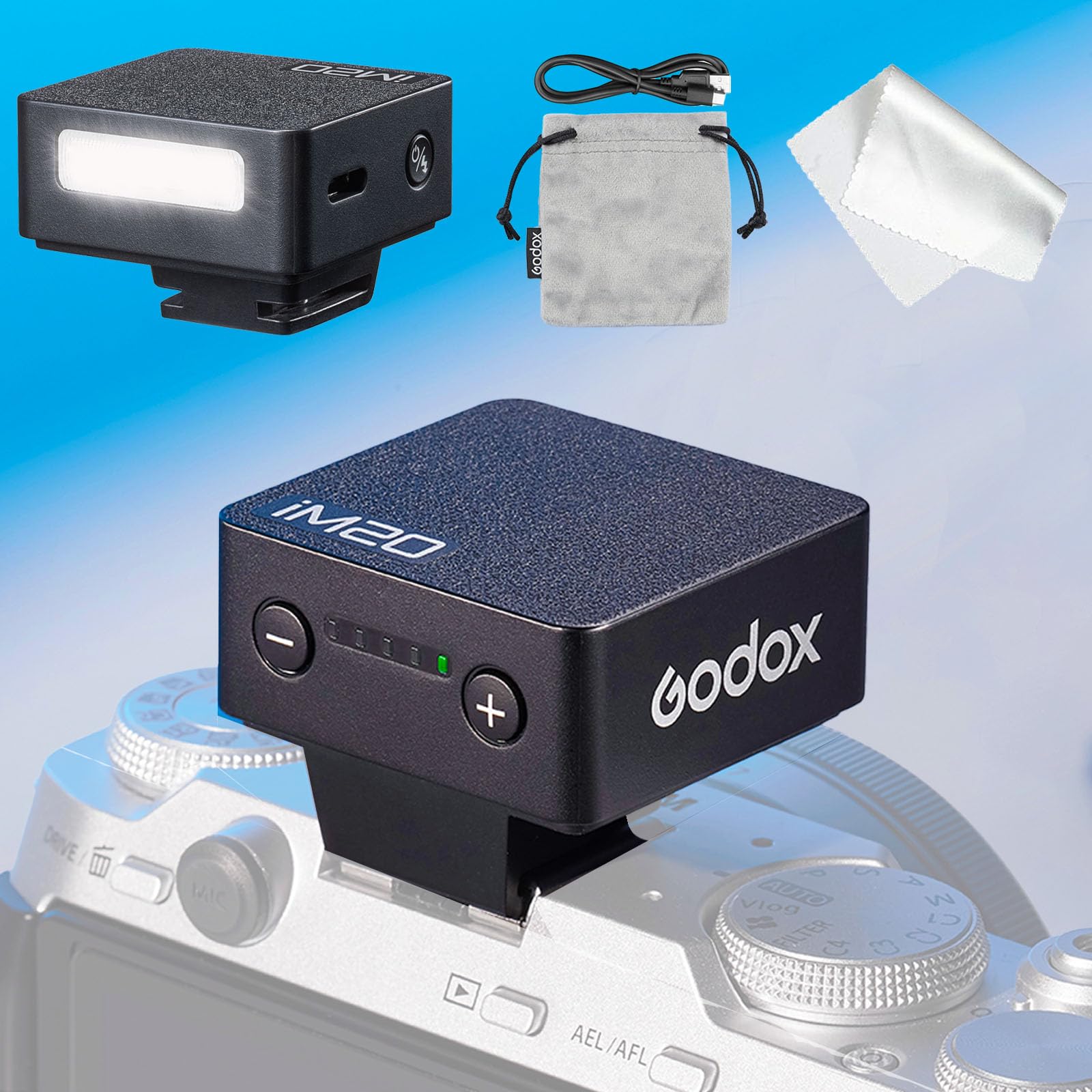 

Godox iM20 Camera Flash Eraser-sized manual flash Mini Flash for Canon Sony Nikon Fuji Olympus Ricoh GR3, 3 second cycle time, 5 power levels