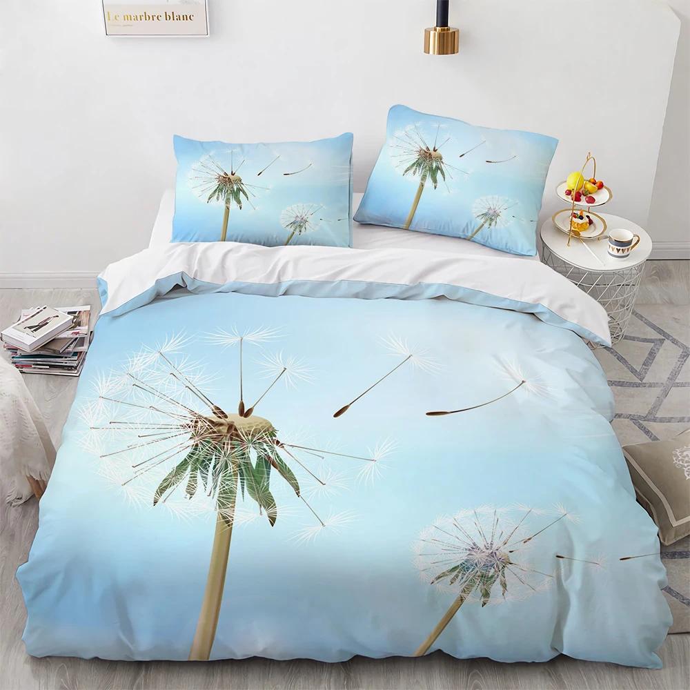 Bettbezug mit blauem Himmel, King-Queen-Bett, rosa Blumen, weißer fliegender Vogel, Bettwäsche-Set für Kinder, Teenager, Erwachsene, 3D-Bettbezug mit natürlicher Landschaft