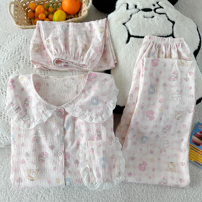 Cloud Cotton Pajamas Women'S Summer Short Sleeves Cute Cartoon Doll Collar Loungewear Three-Piece Set