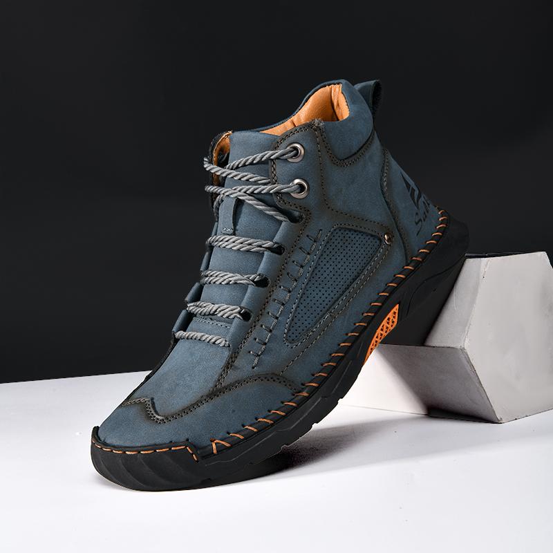 Handmade Leather Mens Ankle Boots Booties Casual Leather High Top Shoes Outdoor Man Motorcycle Boots Sneakers Comfy Hiking Boats