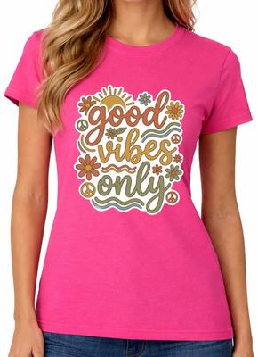 Good Vibes Only T-Shirt Retro Hippie Ladies Happy Positive Quote Womens Tee