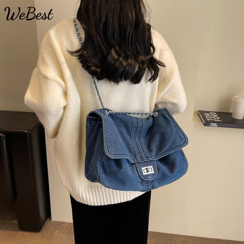 

Denim Women s Large Capacity Chain Shoulder Tote Bag темно-синього кольору