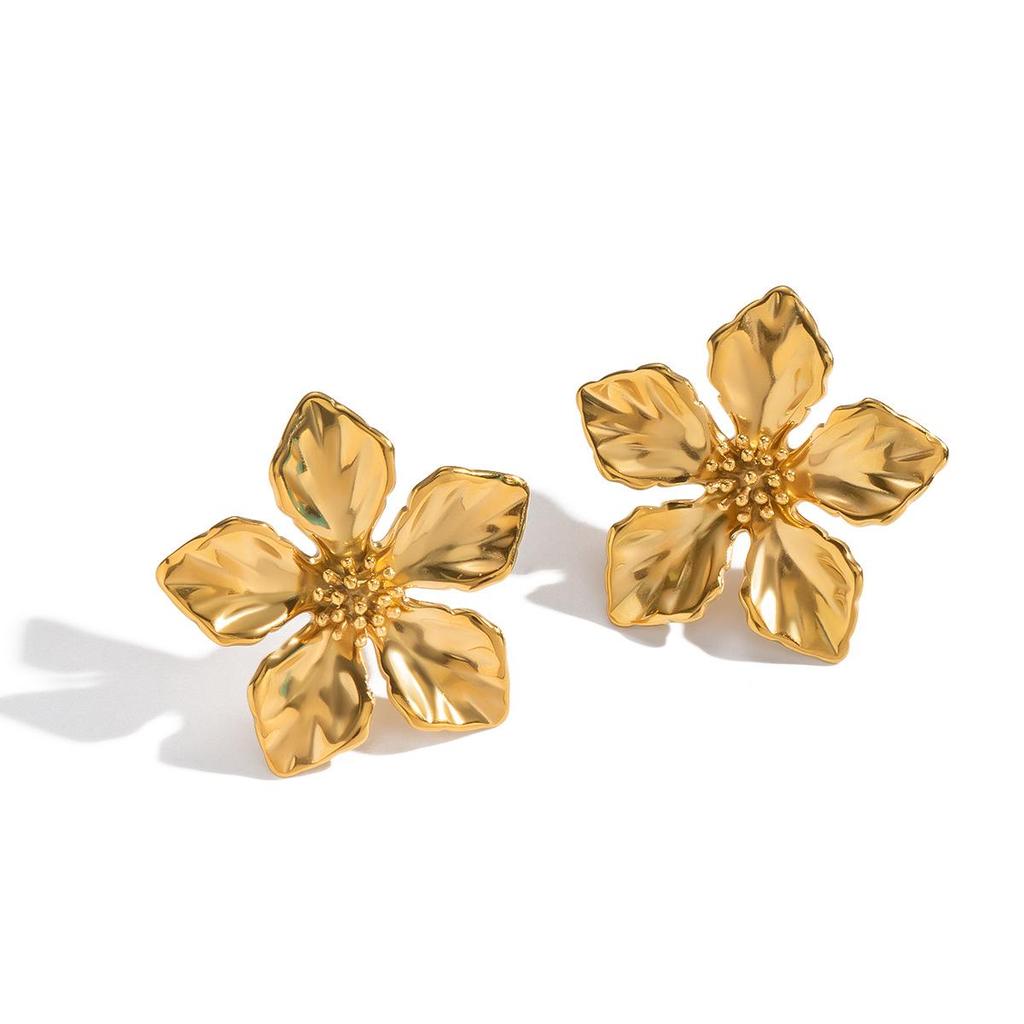 Elegant 18K Gold-Plated Stainless Steel Flower Stud Earrings - Versatile, High-End, Non-Fading for Women