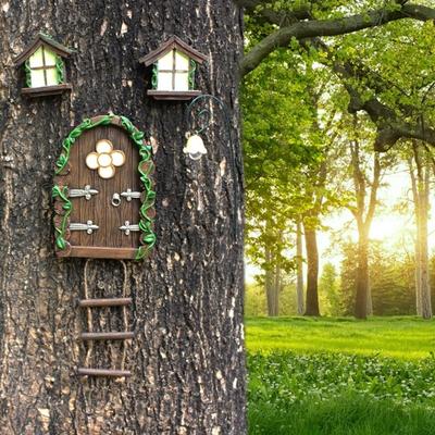Resin Mini Fairy Tale Door Mini Size Streetlight Patio Tree Decoration Rustic Design Whimsical Theme Garden Pendant