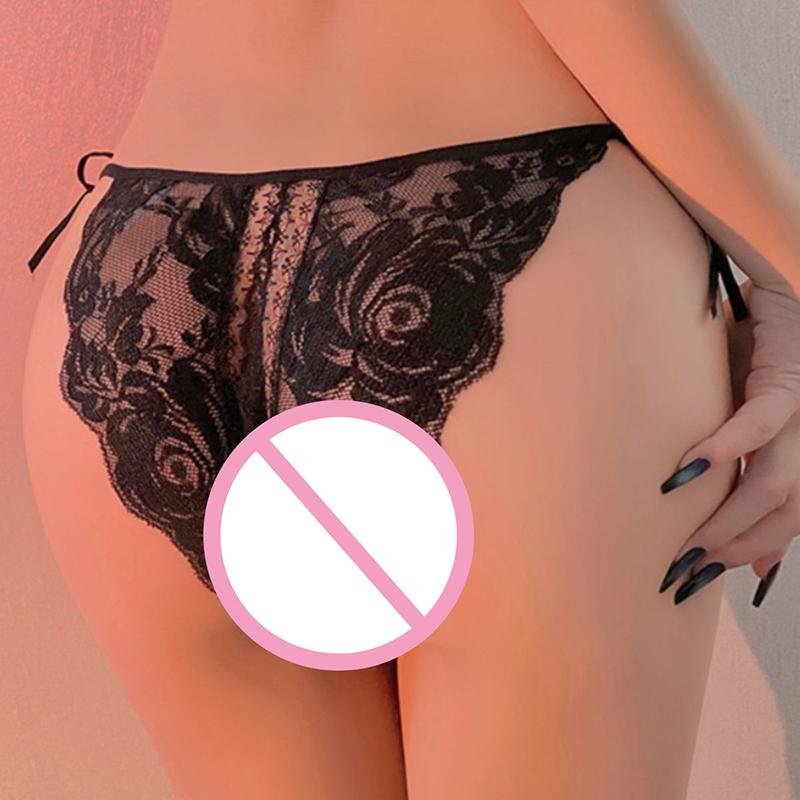 Sexy Lace Open Crotch Panties Women Mesh Perspective Underwear Ladies Lace Bow Thong Crotchless Briefs Erotic Lingerie