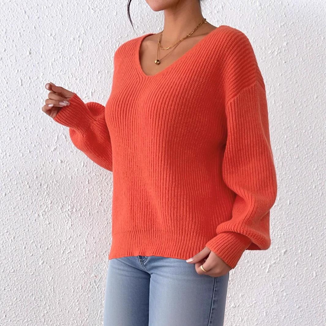 

Однотонный свитер для осени и зимы, повседневный пуловер с V-образным вырезом, свободный свитер для женщин M оранжевый