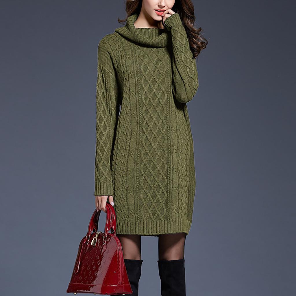 Women's Fashion Autumn/winter Solid Color High Collar Long Sleeve Wrap Hip Sweater Dress