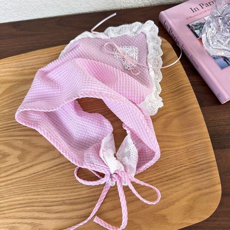 Idyllic lace headband new blast furnace top triangle scarf headband French retro plaid sweet and cute headscarf