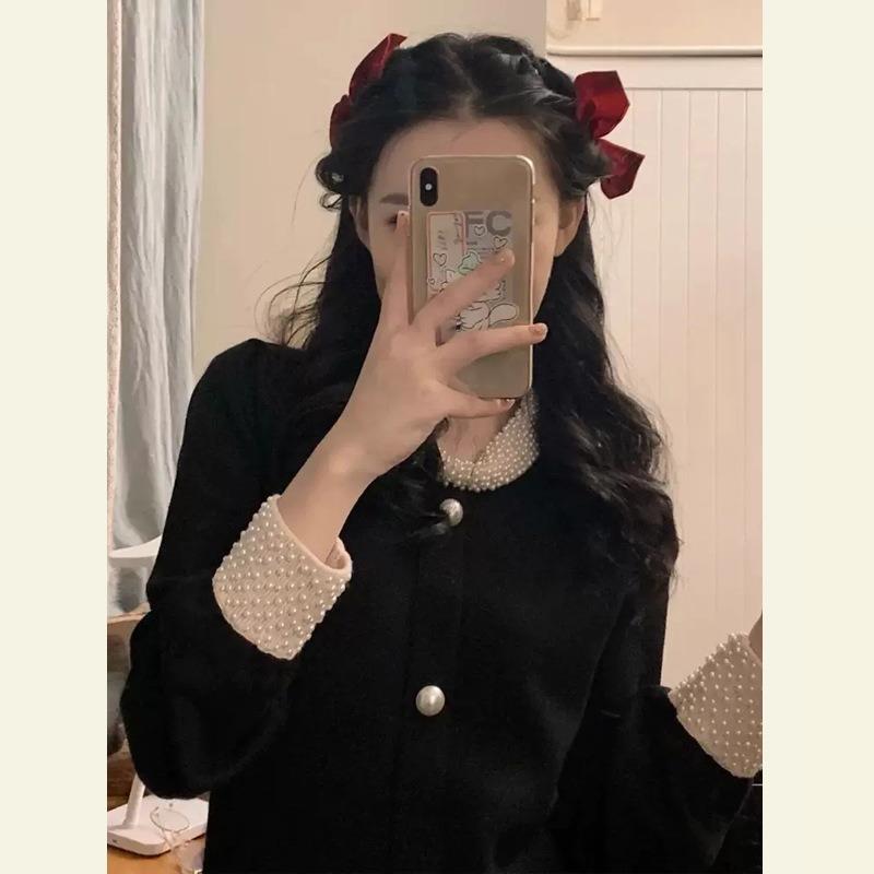 Small Dress Can Usually Be Worn Light Luxury Niche Coffee Break Black Knitted Bead Dress Women's Autumn and Winter