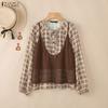 Women Plaid Print Casual Round Neck Long Sleeve Blouse