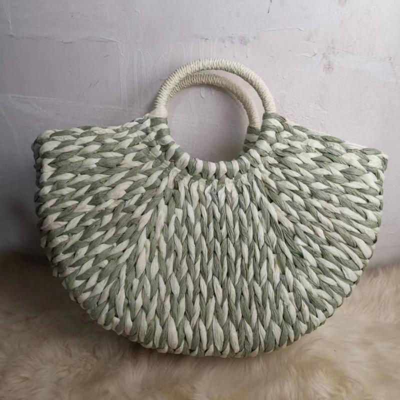 Fashionable Pastoral Style Round Straw Handbag - Colorblock Half-Moon Design for Women