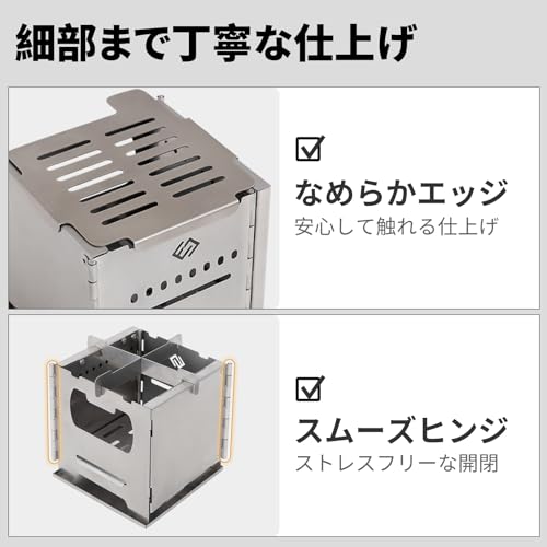 COOK'N'ESCAPE Secondary Combustion Wood Stove with Titanium Grill and Tripod, Made of 430 Stainless Steel, Lightweight (515g), Foldable for Compact St