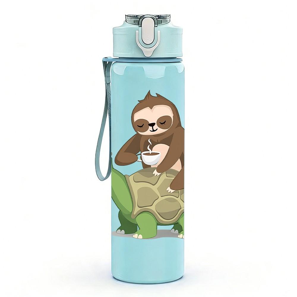 1PC Sloth Turtle Cute Cartoon Print 750ml Color Plastic Sports Water Bottle Leakproof Flip Straw Lid Suitable for Sports Office Home Use