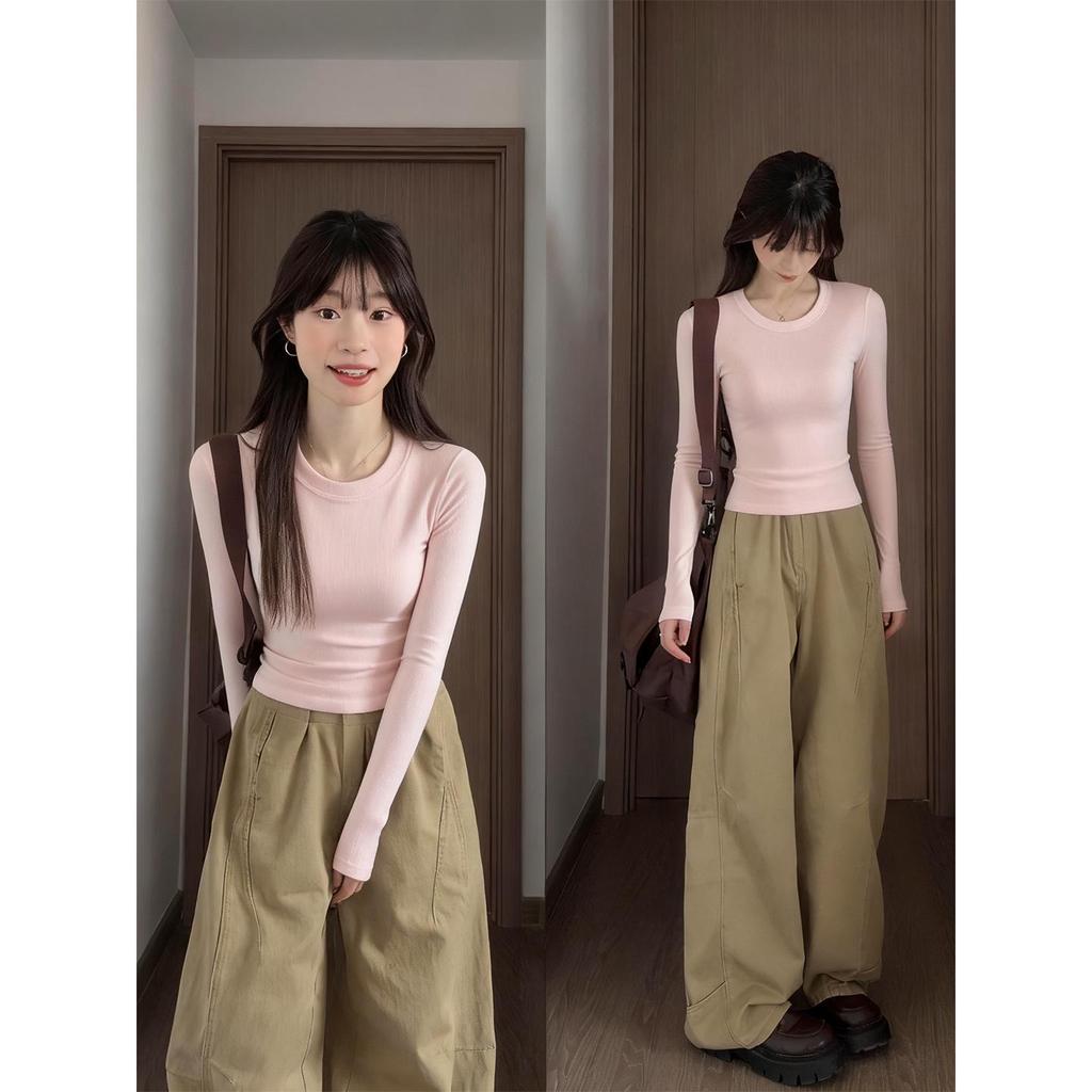 2025 New Women's Slim Fit Long Sleeve Pink Cotton Base Layer Top