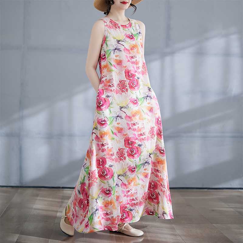 New Boho Long Dress Summer New Style Add Fat To Increase Sleeveless Crew-neck Print Dress