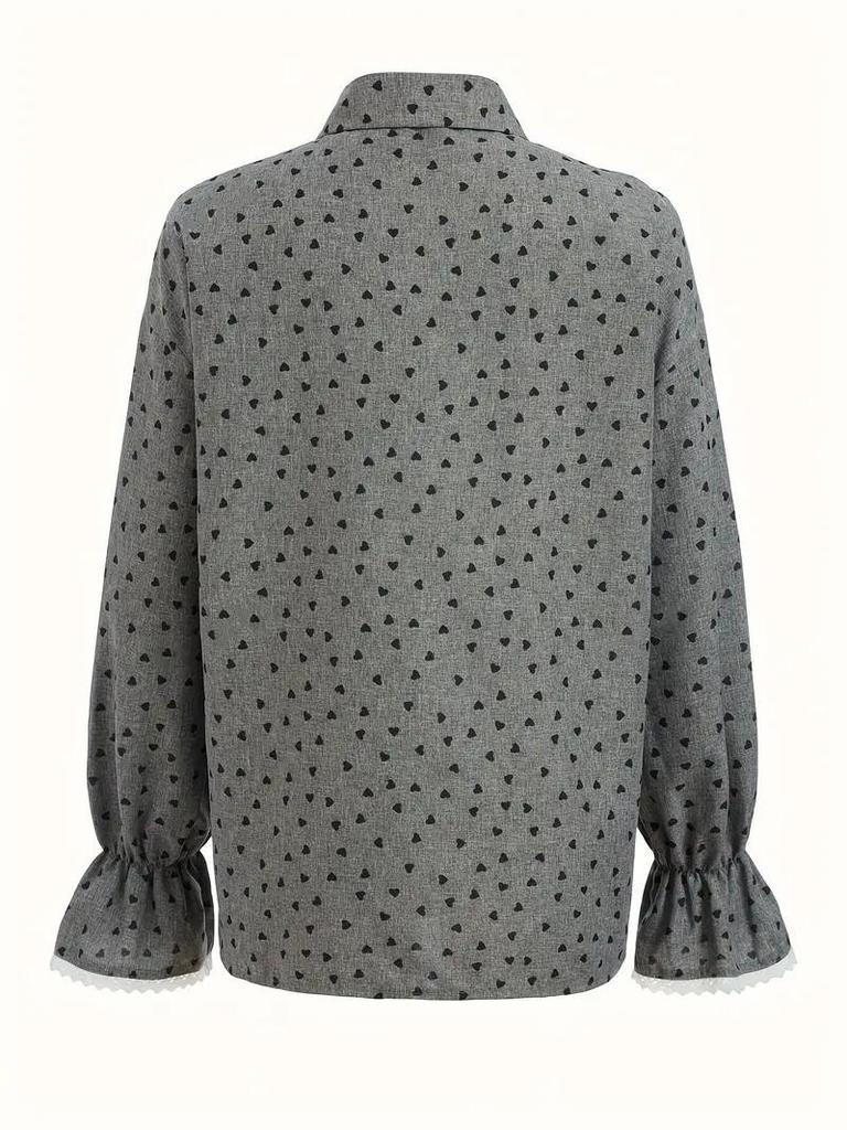Trendy Heart Print Women's Cardigan with Lace-Spliced Cuffs
