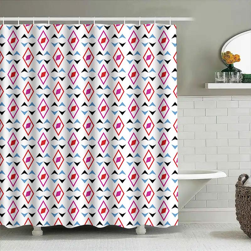 Vibrant Geometric Print Shower Curtain White Fabric Bath Decor Pink Blue Accent Decorative Showershade for Home Decoration Size