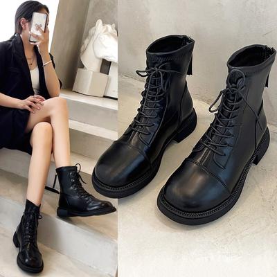 Leather Boots Women's 2025 Autumn and Winter New Retro Low Boots Round Head Thick Heel Boots Soft Leather Lace-up Martin Boots Women