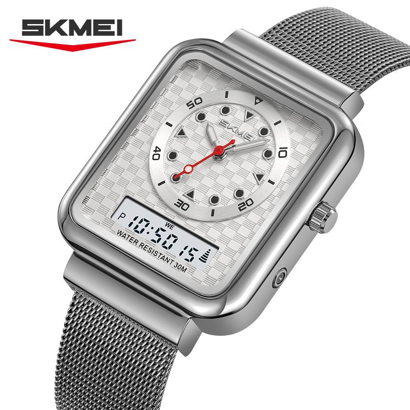 SKMEI 2466 Luxury Quartz Watch for Men Women Stainless Steel Digital Wristwatch Waterproof Dual Display Clock Girl Reloj Hombre