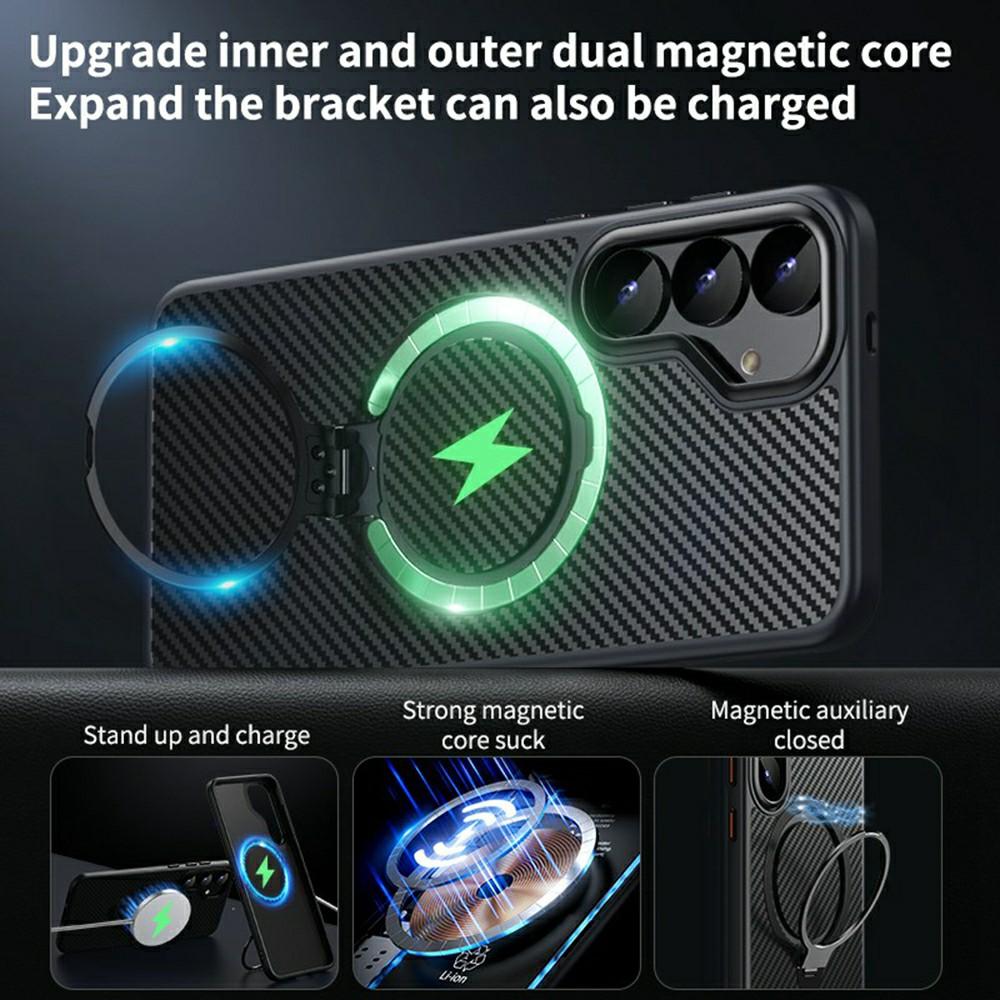 For Samsung Galaxy S25 Case Compatible with MagSafe PC+TPU Phone Cover Ring Holder Carbon Fiber Texture
