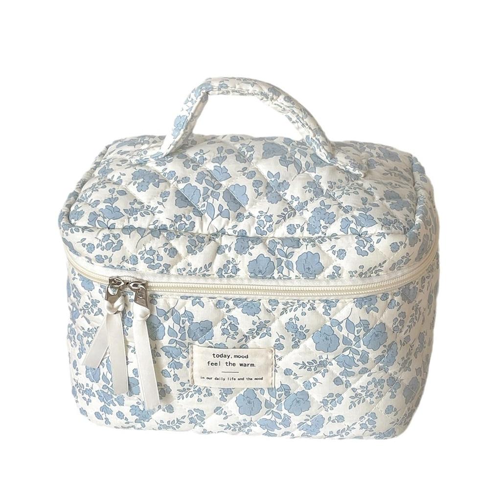 Large Capacity Makeup Pouch with Blue Floral Wide Travel Makeup Cosmetic Storage Print, Mouth, Storage, Multifunctional, Popular, Pouch, Stylish,