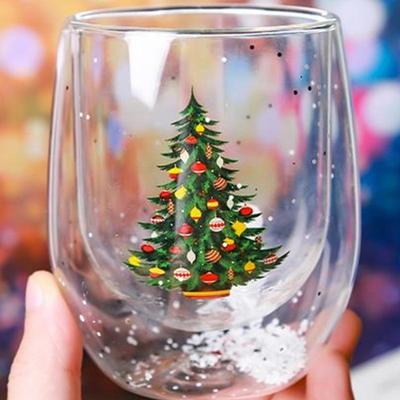 Jul Dubbelväggigt Glas Vattenkopp Värmebeständig Julgran Snögubbe Mönster Juice Te Mjölk Kaffemugg Julklapp