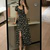 French Black Puff Sleeve Square Collar Floral Dress for Women, New Summer Slim Fit, Waist-cinching Slit Long Dress, Wholesale