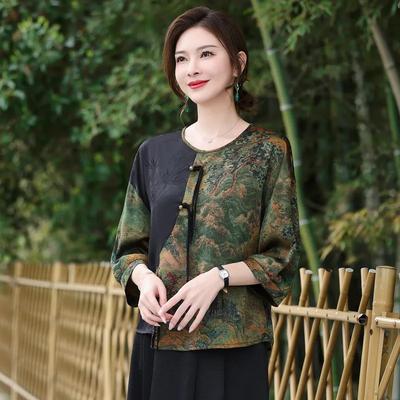 Women's Spring Autumn Chinese Style Landscape Print Blouse 3/4 Sleeve Casual Top