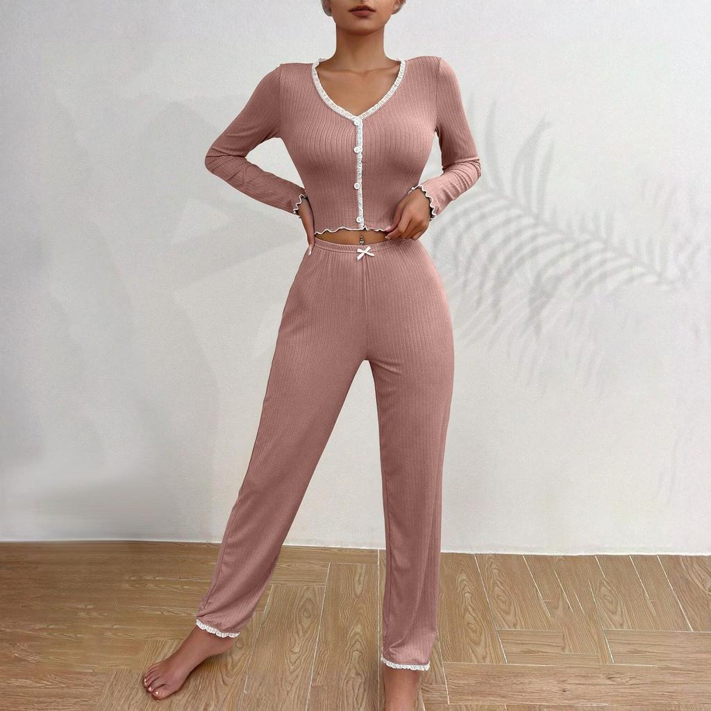 Damen Hauskleidung Pyjama Langarmhose Locker und Bequem Sexy Spitze Zweiteiliges Set