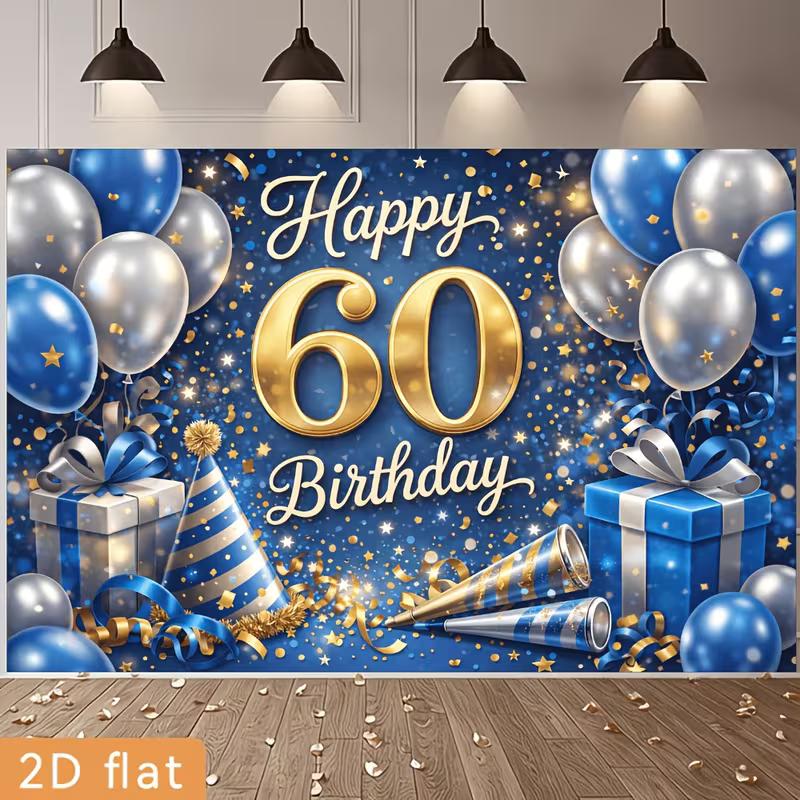 2D Blue Gold 60th Birthday Backdrop Happy 60th Birthday Photography Background