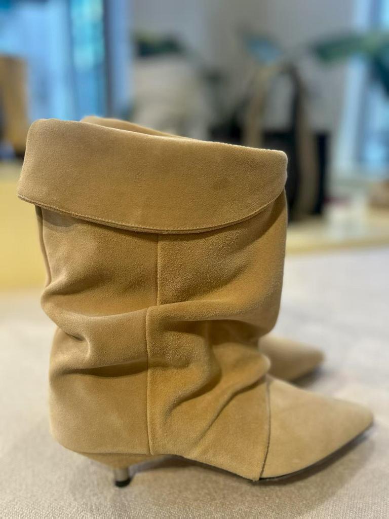 Sheepskin Version~ Pointed Cat Heel Fold Pile Boots Women's Autumn and Winter New Fashion Casual Western Boots Versatile Short Boots