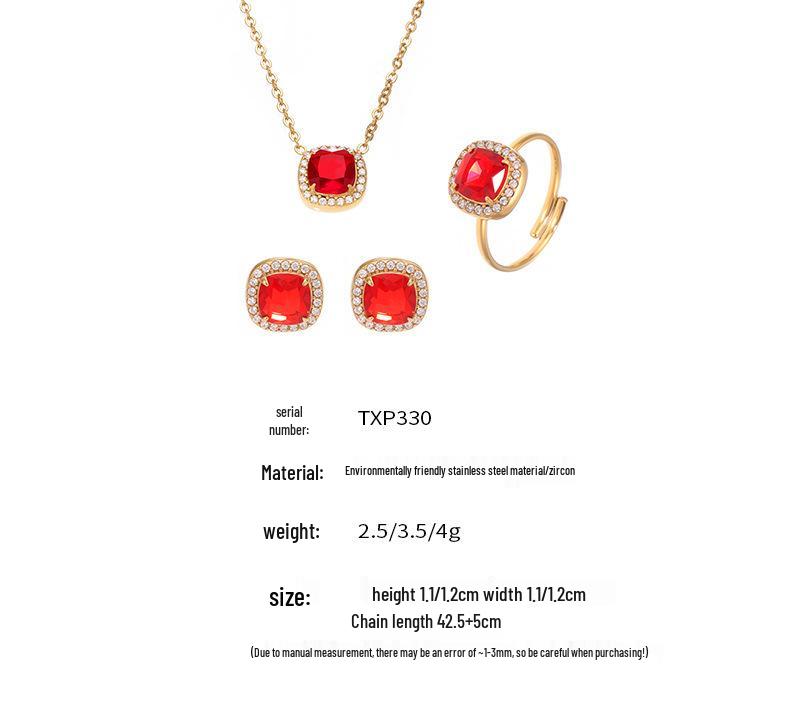 Stainless Steel Zircon Necklace, Ring & Earrings Set with Red Gemstones