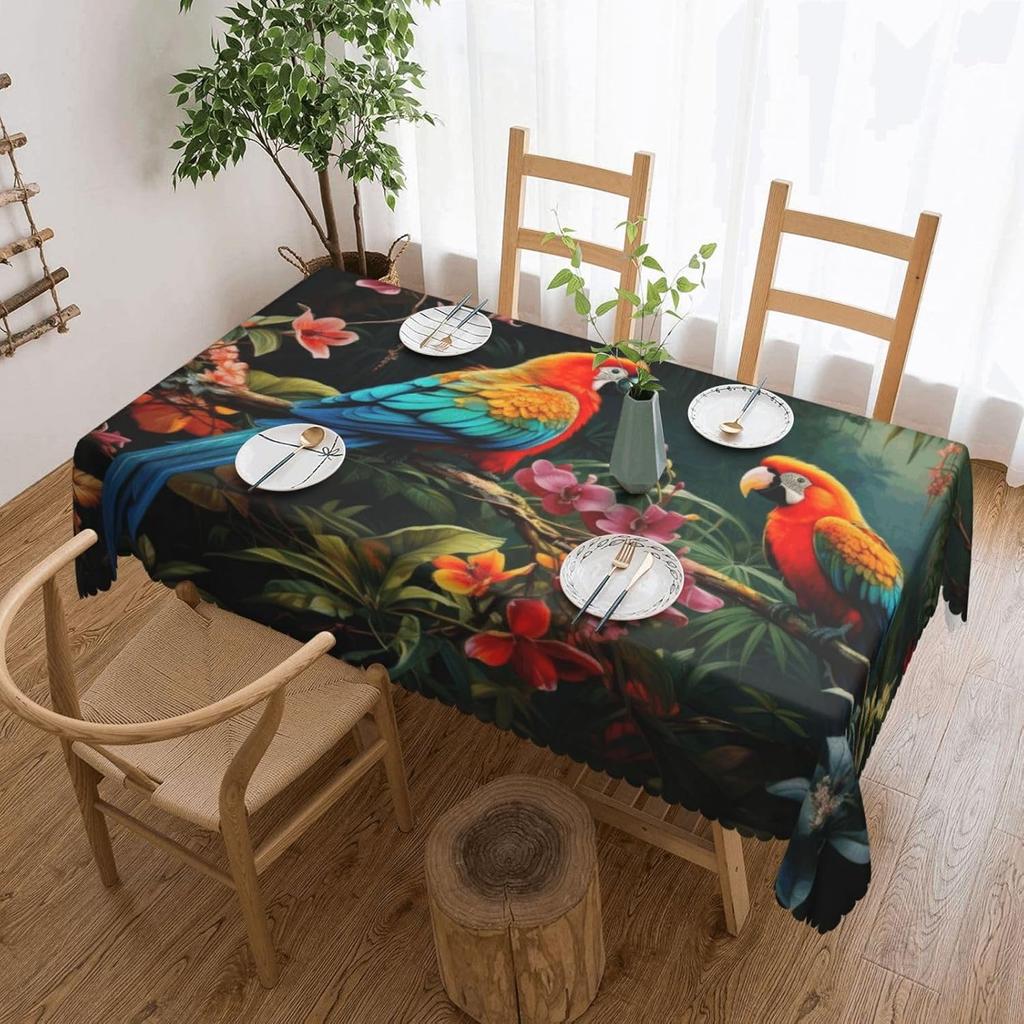 Parrot Tablecloth Tropical Macaw Orchids Flowers Jungle Palm Leaves Table Cover Wrinkle Resistant Kitchen Party Decoration
